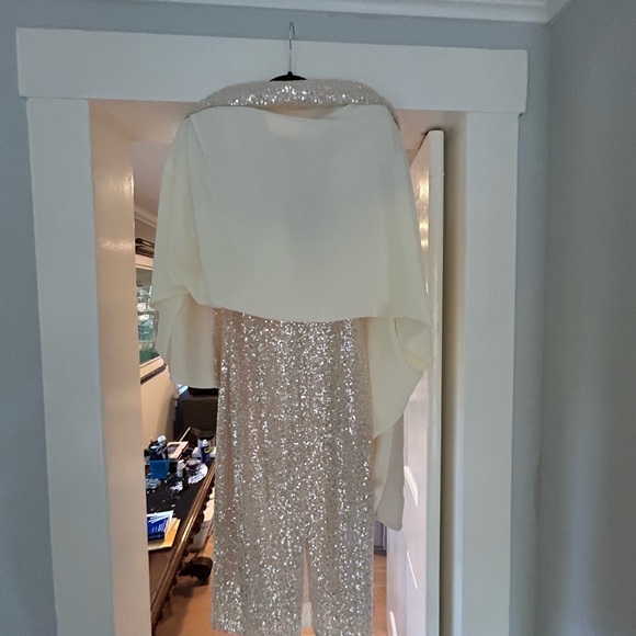 Baggley Mischka SC3829 Ivory Gold Sequined Midi Sheath with Georgette Cape - Picture 9 of 10